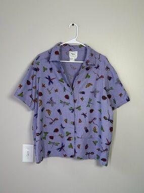 Vintage Purple Linen Blend Bug Patterned Button Up